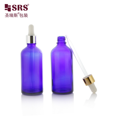 大サイズ 丸いボストン形 青いガラスドロッパーボトル 100ml